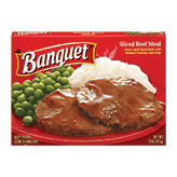 Banquet&nbsp;&nbsp;sliced beef meal with gravy, mashed potatoes and peas Full-Size Picture